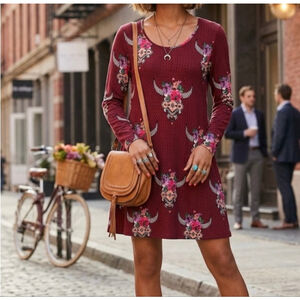 Burgundy Floral Long Sleeve Mini Dress